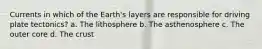 Currents in which of the Earth's layers are responsible for driving plate tectonics? a. The lithosphere b. The asthenosphere c. The outer core d. The crust