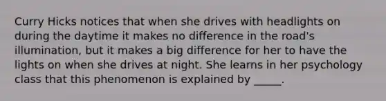 Curry Hicks notices that when she drives with headlights on during the daytime it makes no difference in the road's illumination, but it makes a big difference for her to have the lights on when she drives at night. She learns in her psychology class that this phenomenon is explained by _____.