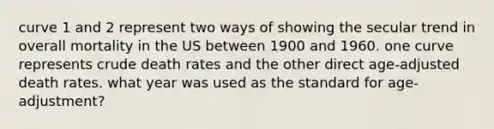 curve 1 and 2 represent two ways of showing the secular trend in overall mortality in the US between 1900 and 1960. one curve represents crude death rates and the other direct age-adjusted death rates. what year was used as the standard for age-adjustment?