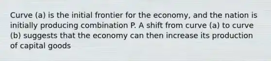 Curve (a) is the initial frontier for the economy, and the nation is initially producing combination P. A shift from curve (a) to curve (b) suggests that the economy can then increase its production of capital goods