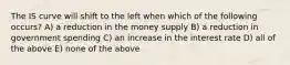 The IS curve will shift to the left when which of the following occurs? A) a reduction in the money supply B) a reduction in government spending C) an increase in the interest rate D) all of the above E) none of the above