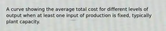 A curve showing the average total cost for different levels of output when at least one input of production is fixed, typically plant capacity.