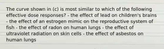 The curve shown in (c) is most similar to which of the following effective dose responses? - the effect of lead on children's brains - the effect of an estrogen mimic on the reproductive system of fish - the effect of radon on human lungs - the effect of ultraviolet radiation on skin cells - the effect of asbestos on human lungs