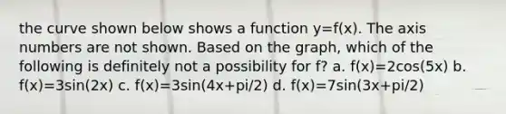 the curve shown below shows a function y=f(x). The axis numbers are not shown. Based on the graph, which of the following is definitely not a possibility for f? a. f(x)=2cos(5x) b. f(x)=3sin(2x) c. f(x)=3sin(4x+pi/2) d. f(x)=7sin(3x+pi/2)