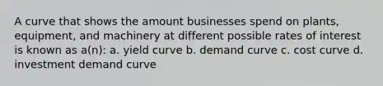 A curve that shows the amount businesses spend on plants, equipment, and machinery at different possible rates of interest is known as a(n): a. yield curve b. demand curve c. cost curve d. investment demand curve