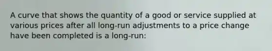 A curve that shows the quantity of a good or service supplied at various prices after all long-run adjustments to a price change have been completed is a long-run: