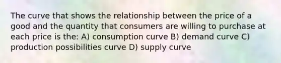 The curve that shows the relationship between the price of a good and the quantity that consumers are willing to purchase at each price is the: A) consumption curve B) demand curve C) production possibilities curve D) supply curve