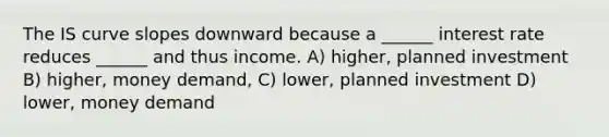 The IS curve slopes downward because a ______ interest rate reduces ______ and thus income. A) higher, planned investment B) higher, money demand, C) lower, planned investment D) lower, money demand