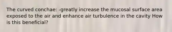 The curved conchae: -greatly increase the mucosal surface area exposed to the air and enhance air turbulence in the cavity How is this beneficial?