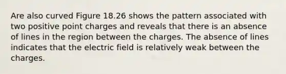 Are also curved Figure 18.26 shows the pattern associated with two positive point charges and reveals that there is an absence of lines in the region between the charges. The absence of lines indicates that the electric field is relatively weak between the charges.