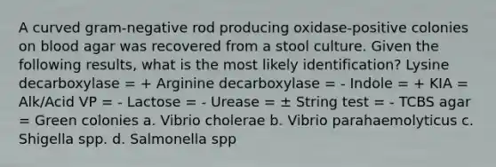 A curved gram-negative rod producing oxidase-positive colonies on blood agar was recovered from a stool culture. Given the following results, what is the most likely identification? Lysine decarboxylase = + Arginine decarboxylase = - Indole = + KIA = Alk/Acid VP = - Lactose = - Urease = ± String test = - TCBS agar = Green colonies a. Vibrio cholerae b. Vibrio parahaemolyticus c. Shigella spp. d. Salmonella spp