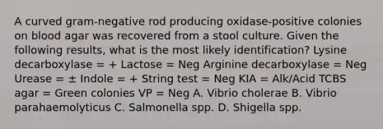 A curved gram-negative rod producing oxidase-positive colonies on blood agar was recovered from a stool culture. Given the following results, what is the most likely identification? Lysine decarboxylase = + Lactose = Neg Arginine decarboxylase = Neg Urease = ± Indole = + String test = Neg KIA = Alk/Acid TCBS agar = Green colonies VP = Neg A. Vibrio cholerae B. Vibrio parahaemolyticus C. Salmonella spp. D. Shigella spp.