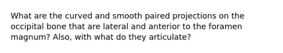 What are the curved and smooth paired projections on the occipital bone that are lateral and anterior to the foramen magnum? Also, with what do they articulate?