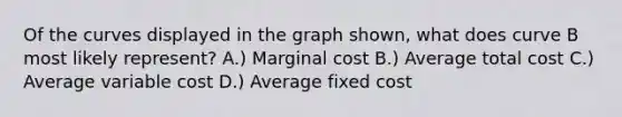 Of the curves displayed in the graph shown, what does curve B most likely represent? A.) Marginal cost B.) Average total cost C.) Average variable cost D.) Average fixed cost