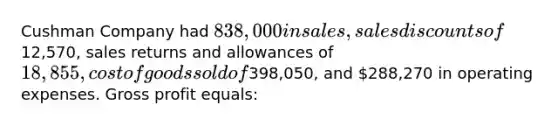 Cushman Company had 838,000 in sales, sales discounts of12,570, sales returns and allowances of 18,855, cost of goods sold of398,050, and 288,270 in operating expenses. Gross profit equals: