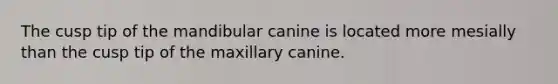 The cusp tip of the mandibular canine is located more mesially than the cusp tip of the maxillary canine.