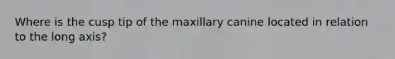 Where is the cusp tip of the maxillary canine located in relation to the long axis?