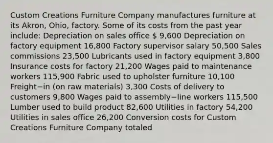 Custom Creations Furniture Company manufactures furniture at its​ Akron, Ohio, factory. Some of its costs from the past year​ include: Depreciation on sales office ​ 9,600 Depreciation on factory equipment 16,800 Factory supervisor salary 50,500 Sales commissions 23,500 Lubricants used in factory equipment 3,800 Insurance costs for factory 21,200 Wages paid to maintenance workers 115,900 Fabric used to upholster furniture 10,100 Freight−in ​(on raw​ materials) 3,300 Costs of delivery to customers 9,800 Wages paid to assembly−line workers 115,500 Lumber used to build product 82,600 Utilities in factory 54,200 Utilities in sales office 26,200 Conversion costs for Custom Creations Furniture Company totaled