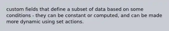 custom fields that define a subset of data based on some conditions - they can be constant or computed, and can be made more dynamic using set actions.