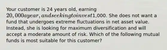 Your customer is 24 years old, earning 20,000 a year, and seeking to invest1,000. She does not want a fund that undergoes extreme fluctuations in net asset value. Instead, she is looking for maximum diversification and will accept a moderate amount of risk. Which of the following mutual funds is most suitable for this customer?