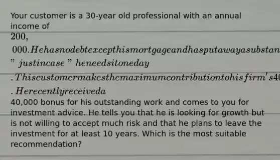 Your customer is a 30-year old professional with an annual income of 200,000. He has no debt except his mortgage and has put away a substantial emergency fund "just in case" he needs it one day. This customer makes the maximum contribution to his firm's 401(k) plan. He recently received a40,000 bonus for his outstanding work and comes to you for investment advice. He tells you that he is looking for growth but is not willing to accept much risk and that he plans to leave the investment for at least 10 years. Which is the most suitable recommendation?