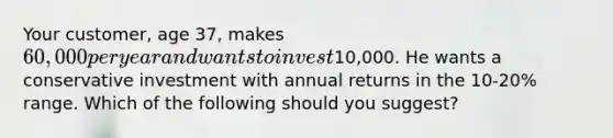 Your customer, age 37, makes 60,000 per year and wants to invest10,000. He wants a conservative investment with annual returns in the 10-20% range. Which of the following should you suggest?