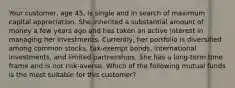 Your customer, age 45, is single and in search of maximum capital appreciation. She inherited a substantial amount of money a few years ago and has taken an active interest in managing her investments. Currently, her portfolio is diversified among common stocks, tax-exempt bonds, international investments, and limited partnerships. She has a long-term time frame and is not risk-averse. Which of the following mutual funds is the most suitable for this customer?