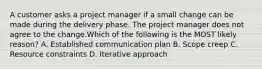 A customer asks a project manager if a small change can be made during the delivery phase. The project manager does not agree to the change.Which of the following is the MOST likely reason? A. Established communication plan B. Scope creep C. Resource constraints D. Iterative approach