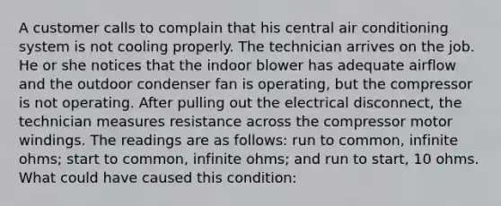 A customer calls to complain that his central air conditioning system is not cooling properly. The technician arrives on the job. He or she notices that the indoor blower has adequate airflow and the outdoor condenser fan is operating, but the compressor is not operating. After pulling out the electrical disconnect, the technician measures resistance across the compressor motor windings. The readings are as follows: run to common, infinite ohms; start to common, infinite ohms; and run to start, 10 ohms. What could have caused this condition: