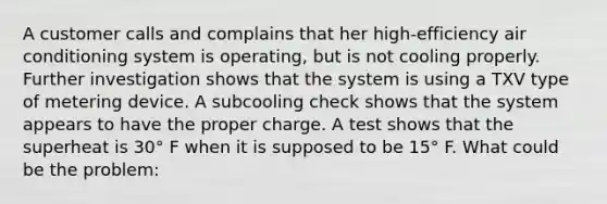 A customer calls and complains that her high-efficiency air conditioning system is operating, but is not cooling properly. Further investigation shows that the system is using a TXV type of metering device. A subcooling check shows that the system appears to have the proper charge. A test shows that the superheat is 30° F when it is supposed to be 15° F. What could be the problem: