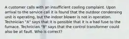 A customer calls with an insufficient cooling complaint. Upon arrival to the service call it is found that the outdoor condensing unit is operating, but the indoor blower is not in operation. Technician "A" says that it is possible that it is a bad fuse to the furnace. Technician "B" says that the control transformer could also be at fault. Who is correct?