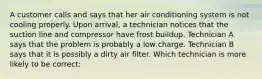 A customer calls and says that her air conditioning system is not cooling properly. Upon arrival, a technician notices that the suction line and compressor have frost buildup. Technician A says that the problem is probably a low charge. Technician B says that it is possibly a dirty air filter. Which technician is more likely to be correct: