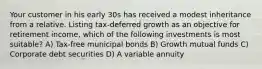 Your customer in his early 30s has received a modest inheritance from a relative. Listing tax-deferred growth as an objective for retirement income, which of the following investments is most suitable? A) Tax-free municipal bonds B) Growth mutual funds C) Corporate debt securities D) A variable annuity