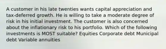 A customer in his late twenties wants capital appreciation and tax-deferred growth. He is willing to take a moderate degree of risk in his initial investment. The customer is also concerned about the inflationary risk to his portfolio. Which of the following investments is MOST suitable? Equities Corporate debt Municipal debt Variable annuities