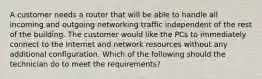 A customer needs a router that will be able to handle all incoming and outgoing networking traffic independent of the rest of the building. The customer would like the PCs to immediately connect to the Internet and network resources without any additional configuration. Which of the following should the technician do to meet the requirements?