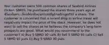 Your customer owns 500 common shares of Seabird Airlines (ticker: SBRD). He purchased the shares three years ago at 45 a share. Seabird is currently trading at92 a share. The customer is concerned that a recent drop in airline travel will negatively impact the price of the stock. However, he does not want to sell the shares as he believes the company's long-term prospects are good. What would you recommend to the customer? A) Buy 5 SBRD 90 calls B) Sell 5 SBRD 95 calls C) Sell 5 SBRD 95 puts D) Buy 5 SBRD 90 puts