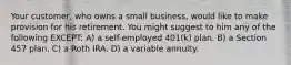 Your customer, who owns a small business, would like to make provision for his retirement. You might suggest to him any of the following EXCEPT: A) a self-employed 401(k) plan. B) a Section 457 plan. C) a Roth IRA. D) a variable annuity.