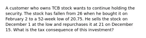 A customer who owns TCB stock wants to continue holding the security. The stock has fallen from 26 when he bought it on February 2 to a 52-week low of 20.75. He sells the stock on December 1 at the low and repurchases it at 21 on December 15. What is the tax consequence of this investment?