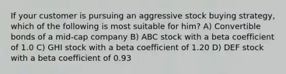 If your customer is pursuing an aggressive stock buying strategy, which of the following is most suitable for him? A) Convertible bonds of a mid-cap company B) ABC stock with a beta coefficient of 1.0 C) GHI stock with a beta coefficient of 1.20 D) DEF stock with a beta coefficient of 0.93