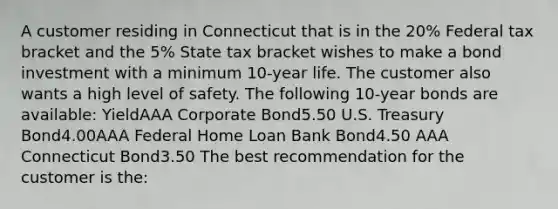 A customer residing in Connecticut that is in the 20% Federal tax bracket and the 5% State tax bracket wishes to make a bond investment with a minimum 10-year life. The customer also wants a high level of safety. The following 10-year bonds are available: YieldAAA Corporate Bond5.50 U.S. Treasury Bond4.00AAA Federal Home Loan Bank Bond4.50 AAA Connecticut Bond3.50 The best recommendation for the customer is the: