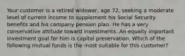 Your customer is a retired widower, age 72, seeking a moderate level of current income to supplement his Social Security benefits and his company pension plan. He has a very conservative attitude toward investments. An equally important investment goal for him is capital preservation. Which of the following mutual funds is the most suitable for this customer?