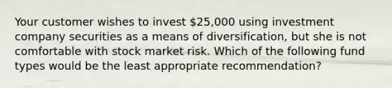 Your customer wishes to invest 25,000 using investment company securities as a means of diversification, but she is not comfortable with stock market risk. Which of the following fund types would be the least appropriate recommendation?