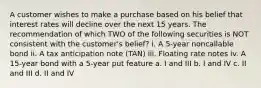 A customer wishes to make a purchase based on his belief that interest rates will decline over the next 15 years. The recommendation of which TWO of the following securities is NOT consistent with the customer's belief? i. A 5-year noncallable bond ii. A tax anticipation note (TAN) iii. Floating rate notes iv. A 15-year bond with a 5-year put feature a. I and III b. I and IV c. II and III d. II and IV