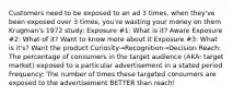 Customers need to be exposed to an ad 3 times, when they've been exposed over 3 times, you're wasting your money on them Krugman's 1972 study: Exposure #1: What is it? Aware Exposure #2: What of it? Want to know more about it Exposure #3: What is it's? Want the product Curiosity→Recognition→Decision Reach: The percentage of consumers in the target audience (AKA: target market) exposed to a particular advertisement in a stated period Frequency: The number of times these targeted consumers are exposed to the advertisement BETTER than reach!