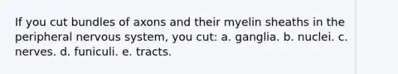 If you cut bundles of axons and their myelin sheaths in the peripheral nervous system, you cut: a. ganglia. b. nuclei. c. nerves. d. funiculi. e. tracts.