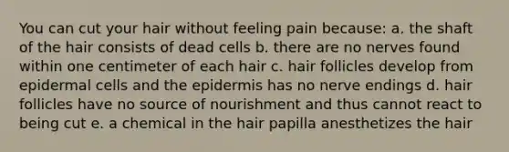 You can cut your hair without feeling pain because: a. the shaft of the hair consists of dead cells b. there are no nerves found within one centimeter of each hair c. hair follicles develop from epidermal cells and <a href='https://www.questionai.com/knowledge/kBFgQMpq6s-the-epidermis' class='anchor-knowledge'>the epidermis</a> has no nerve endings d. hair follicles have no source of nourishment and thus cannot react to being cut e. a chemical in the hair papilla anesthetizes the hair