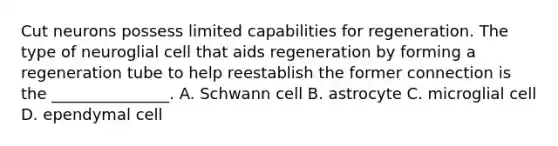 Cut neurons possess limited capabilities for regeneration. The type of neuroglial cell that aids regeneration by forming a regeneration tube to help reestablish the former connection is the _______________. A. Schwann cell B. astrocyte C. microglial cell D. ependymal cell