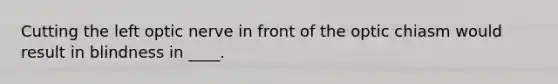 Cutting the left optic nerve in front of the optic chiasm would result in blindness in ____.