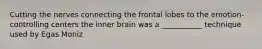Cutting the nerves connecting the frontal lobes to the emotion-controlling centers the inner brain was a ___________ technique used by Egas Moniz