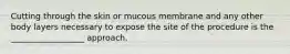 Cutting through the skin or mucous membrane and any other body layers necessary to expose the site of the procedure is the __________________ approach.